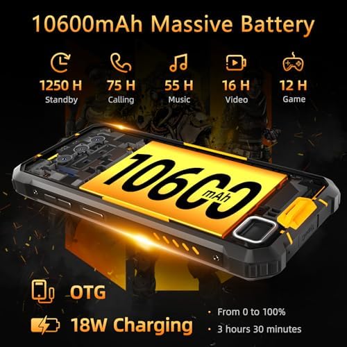 OUKITEL WP23 PRO Rugged Smartphone - 16GB RAM+128GB ROM 10600mAh Mobile Phones, 6,52" HD+ Display Android 13 Phone, 13MP+5MP Camera, IP68 Waterproof Phone Unlocked/Dual SIM 4G/NFC/OTG/GPS - ORANGE