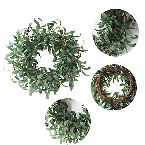 Artificial Olive Wreath 22inch Green Leaves Wreath for Front Door Spring Wreath with Olive Fruit Window, Wall, Wedding Indoor Outdoor Decor - Thumbnail 2