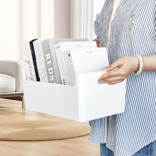 LYLIDIA 5 Stück Aufbewahrungsbox Küche Bad Körbe Kunststoff 30x21x15cm Niedrigeren Vorderseite Aufbewahrungsboxen Organisationsboxen mit Griffen Weiß Kisten Aufbewahrung Plastikbox Regal Schrank