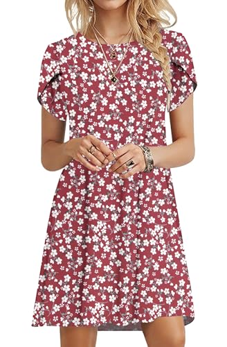 PLOKNRD Summer Dresses for Women UK Elegant Petal Short Sleeve T-Shirt Dress Crew Neck Casual Loose Swing Holiday Beach Dress with Pockets(Red Flowers,L)