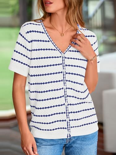 Image of NALANISA Women's Short Sleeve Sweater Spring Summer Crochet Knit Tops 2026 V Neck Striped Button Down Dressy Casual Blouses