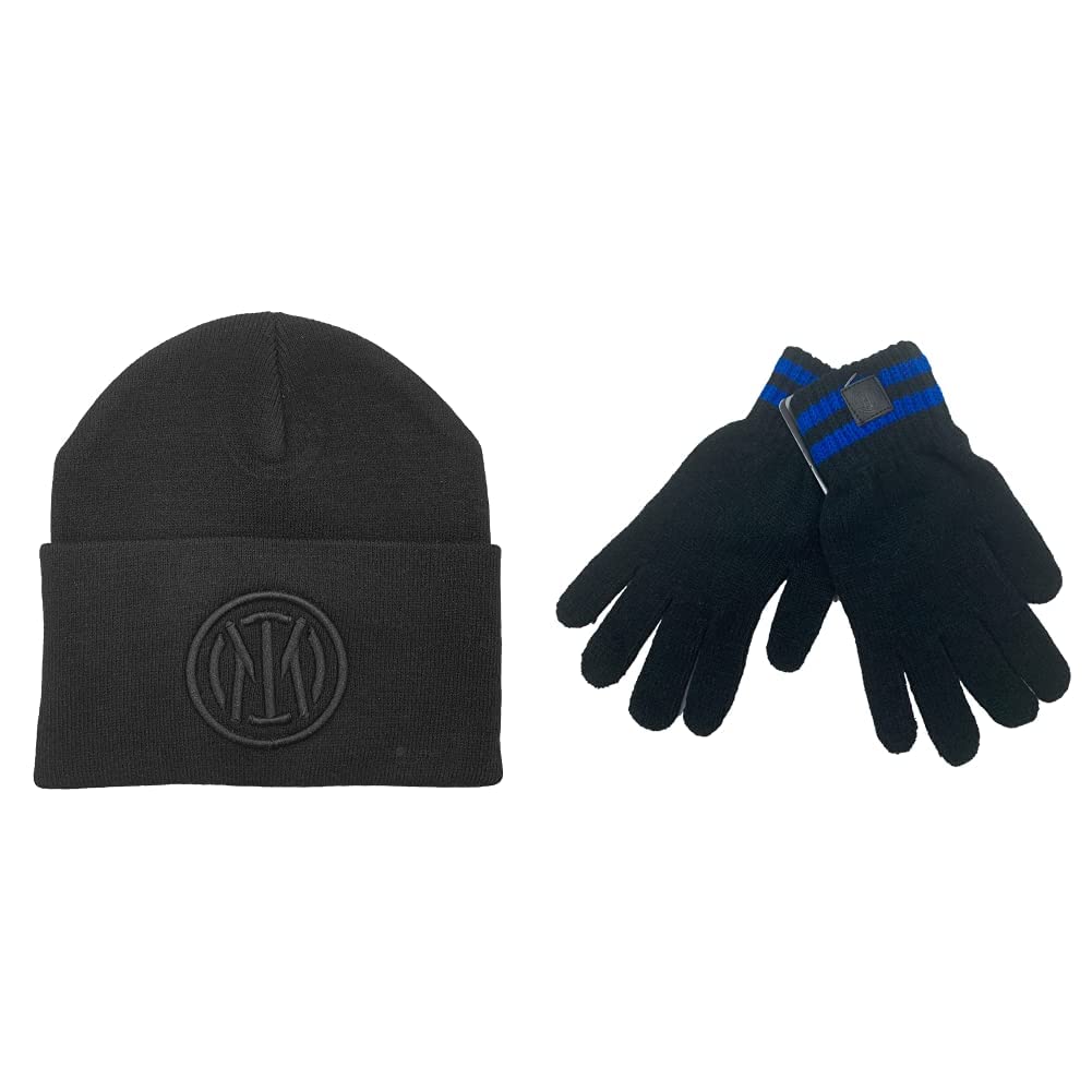 Inter, Cappello Unisex-Adulto, Nero, S-XL & Guanto Maglia Brush Prodotto Ufficiale Official Merchandising, Nero, Taglia Unica