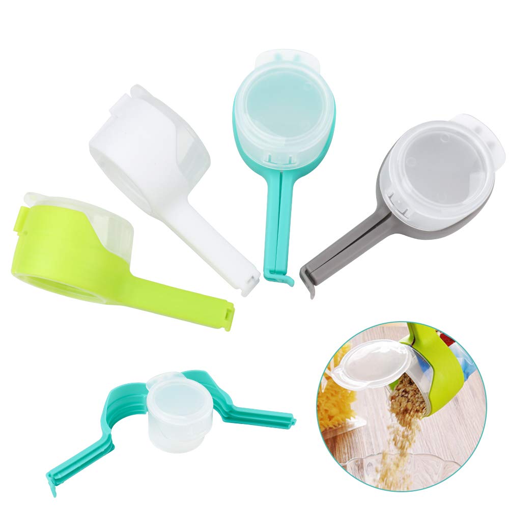 4pcs Food bag clips with Pour Spouts, Great Clips Bags for Kitchen, Suitable for Small Particle Food, Liquid,Flour and Food Storage Organizer