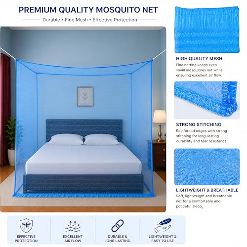 Image of Mosquito Net for King Size Bed & Double Bed (6x7 ft, Wall /Hook Hanging) Poly-Cotton Blend Fabric with Zigzag Wave Line Pattern, Pre-Fitted Bottom & Cotton Ribbon (Ocean Blue)
