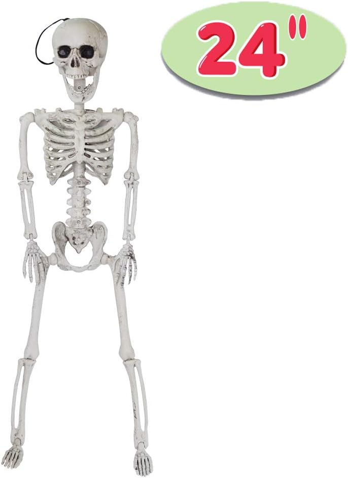 Halloween Decoration 24” Pose-N-Stay Full Body Skeleton Plastic Bone with Posable Joints for Pose Skeleton Prop Indoor/Outdoor Spooky Scene Party Favors Décor.