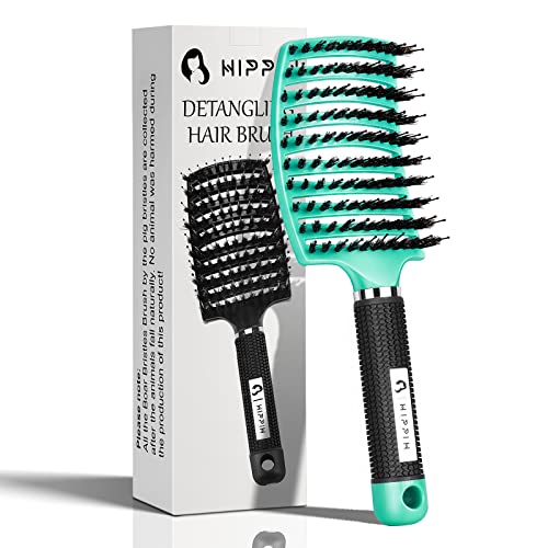 Boar Bristle Hair Brush, HIPPIH Wet & Dry Hair Brush Made by Fine Natural Boar Hair Can Adds Shine and Smoothing Hair, Detangling Hairbrush for Women, Men & Kids' Long Curly Thick Hair Yellow