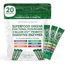 Optimal Human Superfood Greens Powder 90+ Ingredient Blend with Lions Mane Supplement, Ashwagandha & Turmeric Non-GMO, Soy-Free, Mushroom Supplements for Women 20 Sachets