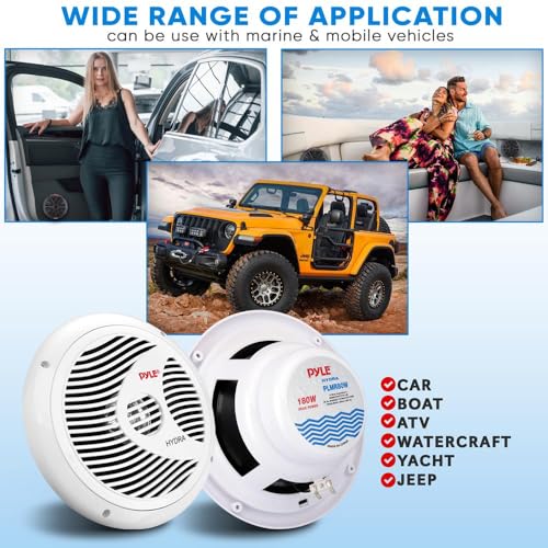 Image of Pyle Marine Speakers, Boat Speakers, Marine Speaker, 8 inch 180W Waterproof, 4 Ohm, PP Cone, Rubber Surround, 1.5 inch Voice Coil, 20 Oz Magnet, White, Includes Speaker Wire & Mounting Hardware