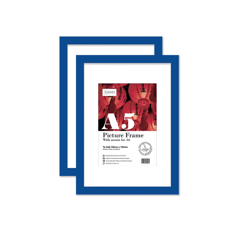 Almost Frameless A5 Blue Picture Frame Set of 2, Display A6 Pictures with Mount or A5 Without Mount Gallery Wall, Poster, Photo, Artwork, or Print, Blue