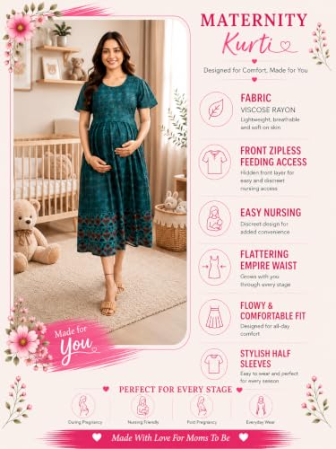 Image of RITIJYA Zipless Feeding Kurta Dress for Women | Maternity Nursing Kurti, No-Zip Easy Access | Extra Pleats Pre to Post Pregnancy | Quick-Dry Fabric | S-4XL