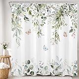 MYUSRE Spring Green Eucalyptus Shower Curtain for Bathroom, Sage Green Leaf and Pink Floral Butterfly Shower Curtain with Hooks Set Country Flower Plant Bathroom Decor Curtains, 72W x 72L inches