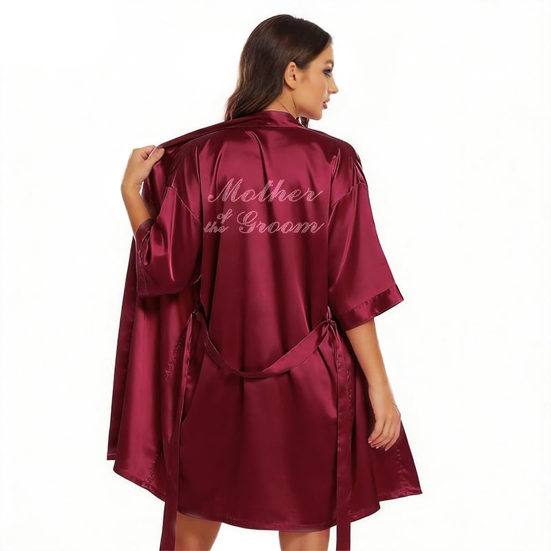 Image of Women's Bride Bridesmaid Robes Short Satin One Size Silver Rhinestones Wedding Party Getting Ready Sleepwear