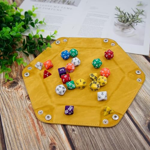 FANXIYA 2 Stück Würfelbretter Leder Würfelteller Hexagon Würfelunterlage Faltendes Würfeltablett Samt Würfelschale Doppelseitig Würfelmatte für Dungeons und Dragons RPG DND usw (Grün+Gelb)