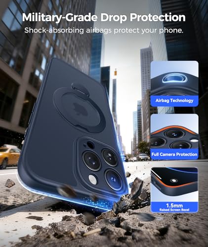 Image of FNTCASE for iPhone 16 Pro-Max Case: [360 Spin Magnetic Stand] [Compatible with Magsafe] [Screen Protector] Translucent Matte Military Grade Shockproof Full Camera Protective Phone Cover - Deep Blue