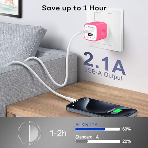 Image of AILKIN 2 Pack Dual USB Wall Chargers, 2.1A, Fast Charging, White, Compatible with iPhone, Samsung, LG, Moto, Kindle