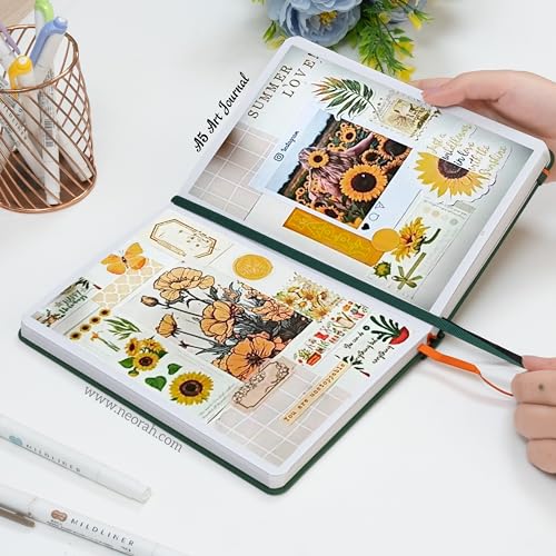 Image of NEORAH - A5 - ART JOURNAL | 200Gsm Dotgrid Notebook |160 Pages(21.0 x 14.8 cm) | Lay Flat |HardCover Bullet - Journal |3 Bookmarks |Elastic Closure| Inner BackPocket | Ideal-Bujo,Drawing (DARK GREEN)