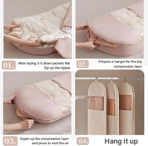 Space Saving Hanging Garment Bag with Self Compression Zipper, Space Saver Coat Storage Bag, New Dust Cover Clothes Bags for Down Coat (Beige,XL)3