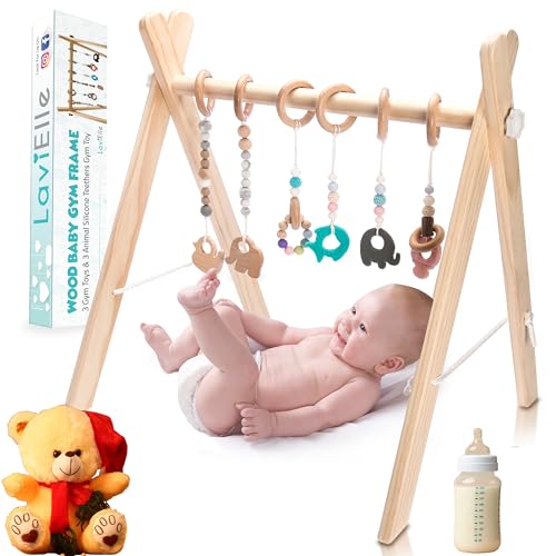 Image of LAVIELLE Wooden Baby Gym with 6 Premium Teethers | Foldable Play Gym for Motor Skills Development | Baby Activity Gym Center for Nursery, Montessori