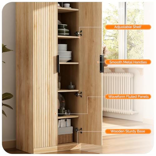 Image of VINGLI 70 inch Modern Pantry Cabinet with Fluted Doors, 5 Adjustable Shelves, Tall Storage Solution for Kitchen, Dining Room, or Living Room, Oak