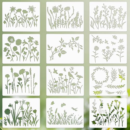 KEJOL, Lot de 12 pochoirs de fleurs réutilisables, feuilles naturelles, outils de dessin pour carnet, bois, toile, décor de fenêtre, mur, cartes DIY