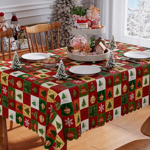 Siilues Christmas Tablecloth 60x84 Inch Rectangle, Red Snowflake Merry Christmas Ball Trees Washable Table Cover Waterproof Seasonal Winter Scalloped Edge Dining Table Cloth Home Party Decor