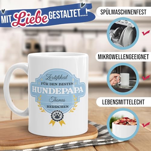 PfotenSchild Hunde-Tasse mit Foto und 2 Namen Zertifikat - Bester Hundepapa - Geschenk für Hundebesitzer zum Geburtstag | Personalisiertes Geschenk, 300 ml