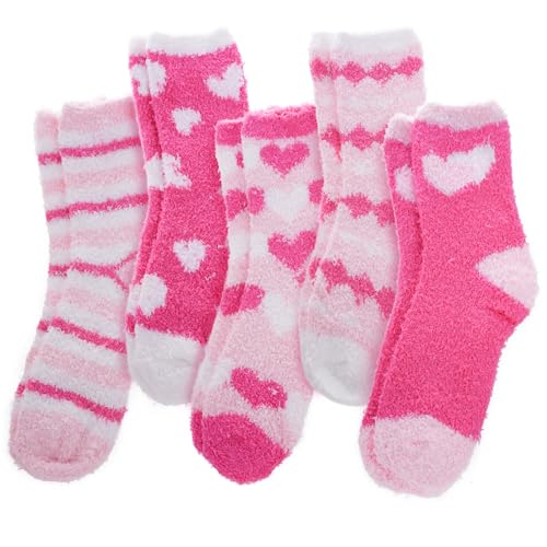 Dfqsofd 5 Pairs Pink Fuzzy Socks, Plush Sleep Heart Socks for Women, Winter Warm Soft Cozy Valentines Day Gift Sock for Her