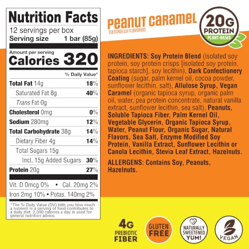 Image of Lenny & Larry's High Protein Bar - Peanut Caramel Vegan Protein Bars - 20g Plant-Based Protein, High Fiber Dessert - Gluten-Free Snack - Larger Bar Size (12 x 85g)