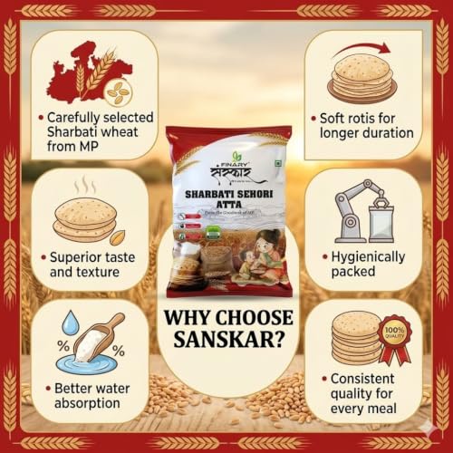 Image of FINARY SANSKAR Sharbati Sehori Atta (Wheat Flour) | 100% Natural Atta | Soft & Sweet Taste | Stone-Ground | Perfect for Fluffy Rotis & Chapatis | 5kg