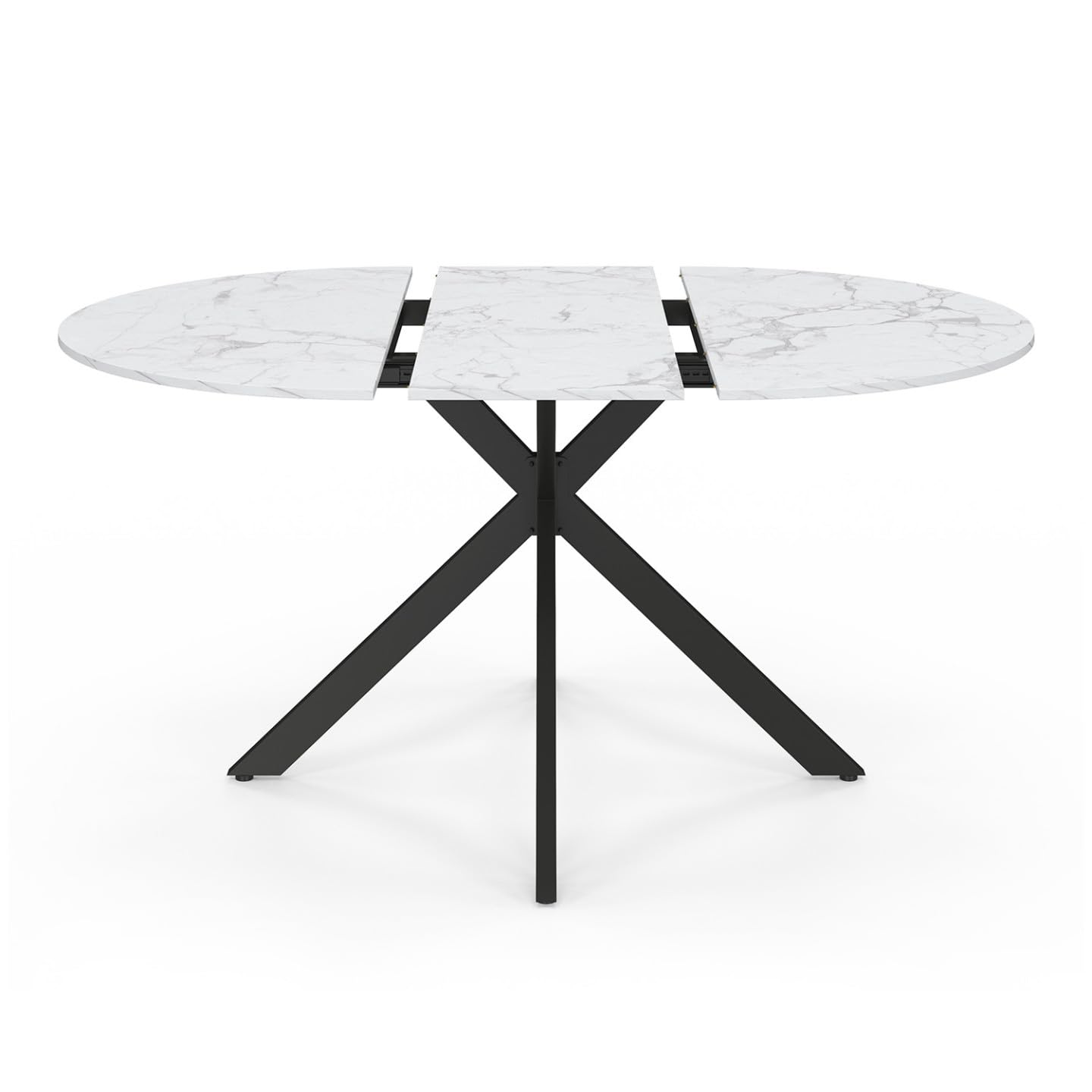 IDMarket - Tavolo da pranzo rotondo allungabile ALIX, 4-8 persone, gamba a ragno in metallo nero, piano effetto marmo ALASKA, 110-150 cm
