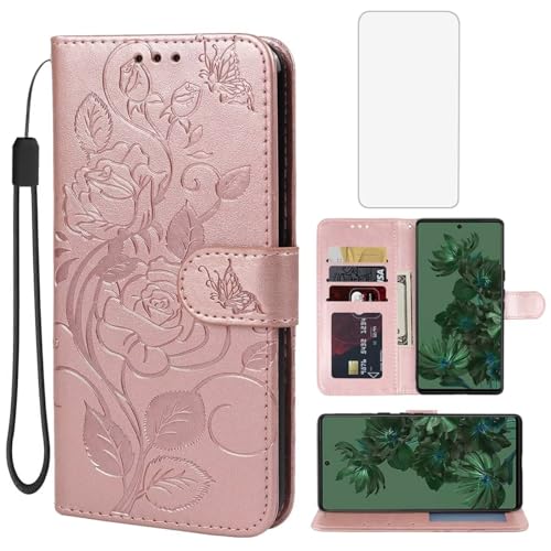 Housse en cuir fleur or rose Google Pixel 7 avec verre trempé