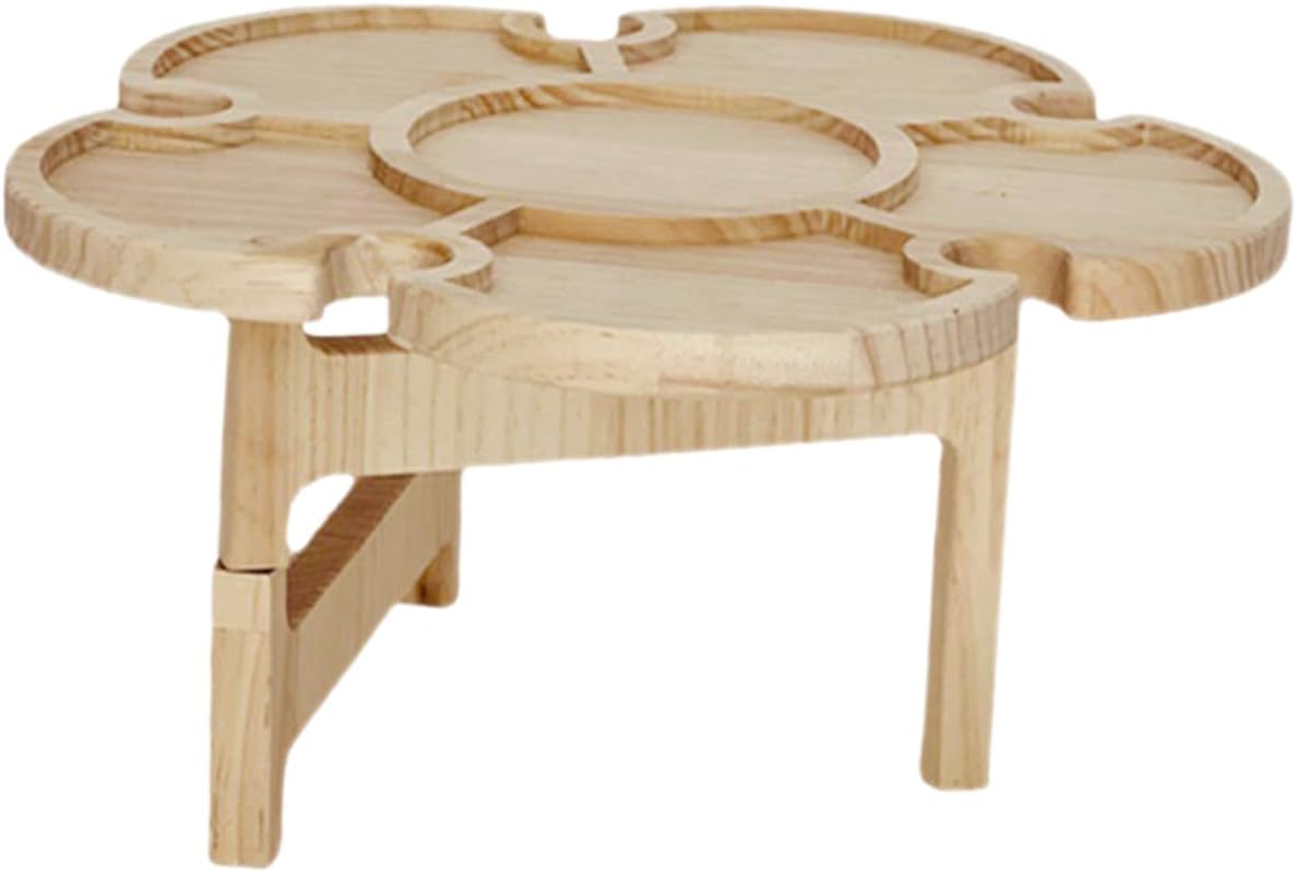 Portable Folding Picnic Table for Outdoor Wine Desk, Small Wooden Foldable Table with Tray, 35cm Diameter Flower Shape, for Beach, Camping, BBQ, and Picnic Use