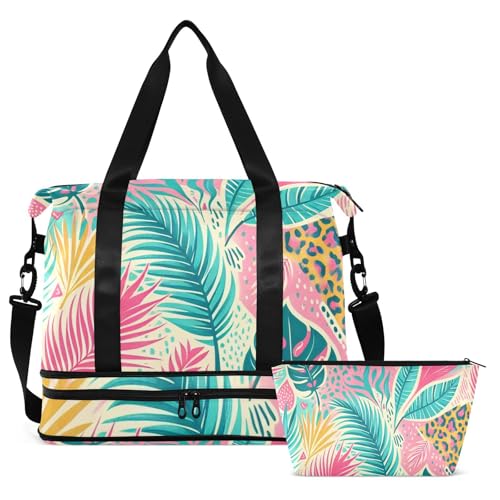 Tropical Palm Leaves Gym Bag for Women Sport Travel Duffel Bag Shoulder Weekender Overnight Bags with Wet Pocket & Shoe Compartment2