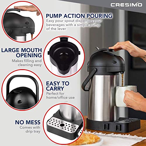 Cresimo 74 Ounce (2.2 Liter) Airpot Thermal Coffee Carafe/Lever Action/Stainless Steel Insulated Thermos / 12 Hour Heat Retention / 24 Hour Cold Retention (Airpot with Drip Tray)
