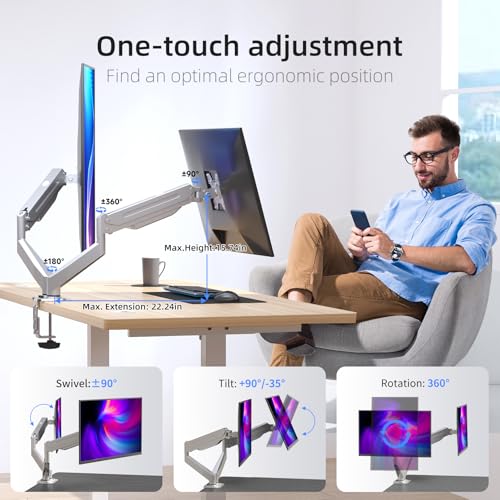 Image of Suptek Dual Monitor Mount Stand-Height Adjustable Gas Spring Monitor Arm Desk Mount for 2 Computer Screens 17 to 32 inches - Each Arm Holds up to 22lbs,Silver(MD8SPS)