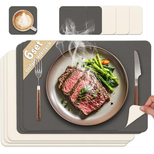HELI MIAO Tischsets Abwaschbar 6er Set - Doppelseitige Platzsets & Untersetzer aus Lederoptik, rutschfeste & wasserdichte Tischunterlage für Esstisch und Familie - Rechteckig in Grau+Beige