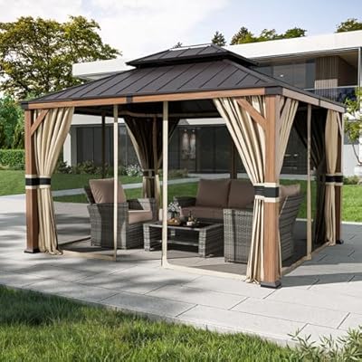 Amopatio 10' X 12' Hardtop Gazebo with Beige Finish - Weatherproof Aluminum Metal Structure Mimicking Solid Wood Grain & Color | Durable and Aesthetic Outdoor Patio Must-Have