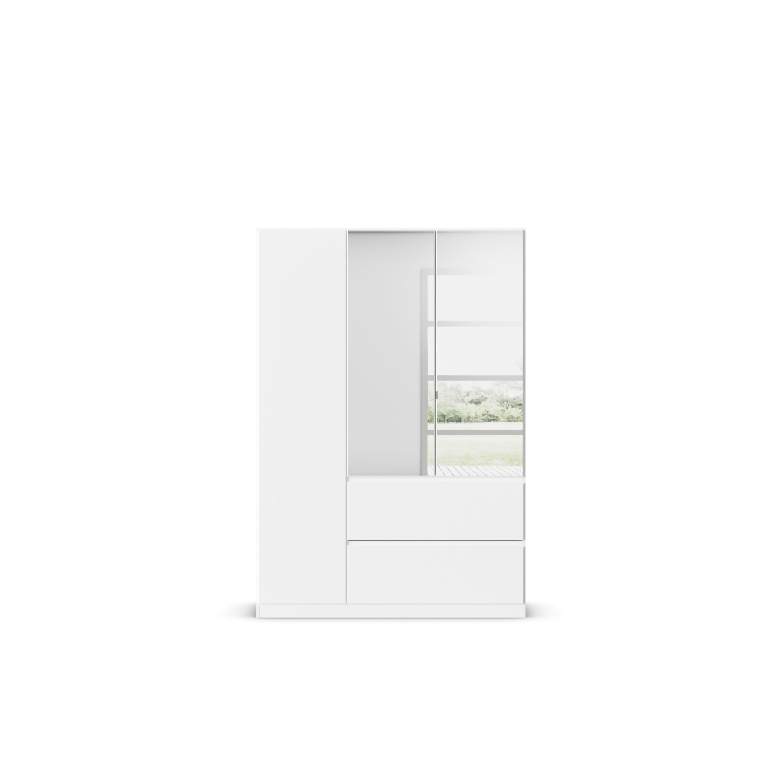 Rauch Möbel Costa, Kleiderschrank für Schlafzimmer, Kinderzimmer, Babyzimmer, Jugendzimmer, Flur, Garderobe 3-türig, Spiegel, 2 Schubladen, Push-to-Open, Farbe Weiß, Breite 136 cm