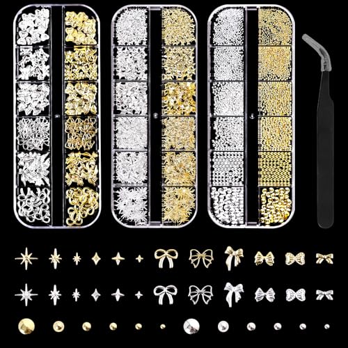 3 Boxes Nail Charms 36 Types Gold Silver Nail Gems Rhinestones Kit with Tweezers Star Bows Pearls Nails Art Charms for Girls Lady Women Nail Stuff Decotations DIY Design Accessories
