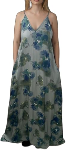 Womens Maxi Pleated Pocket Dress-Olive Floral
