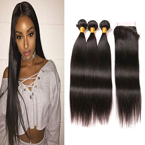 3 Bundles Straight With Closure Lace Front 4X4 Free Part Invisible With Baby Hair Plus Brazilian Natural Brown Human Hair Bundle Weave 100 Human Hair Unprocessed Wholesale Vendors 20 22 24+18 Closure