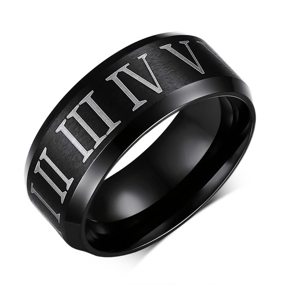 generic Anillo con números romanos para hombre, anillo de acero inoxidable con números romanos góticos de declaración vintage de 8 mm, negro, 7