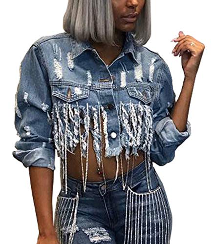 Senight Women's Jean Jacket Long Sleeve Classic Destroyed Fray Hem Tassels Denim Trucker Jackets #TOP5