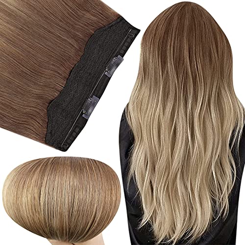 Fshine Invisible Hair Extensions Wire Human Hair 12 Inch Wire Hair Extensions Golden Brown Fading to Blonde Balayage Clip in Hair Extensions One Piece 70Gram Headband Human Hair for Women