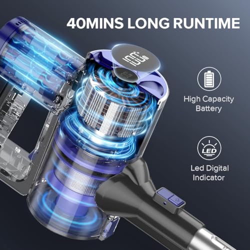 Image of Cordless Vacuum Cleaner, Self-Standing, 40Kpa Powerful Suction Stick Vacuum with Smart LED Display, 40Min Long Runtime Brushless Motor, Lightweight Vacuum for Hardwood Floor Carpet Pet Hair (Blue)
