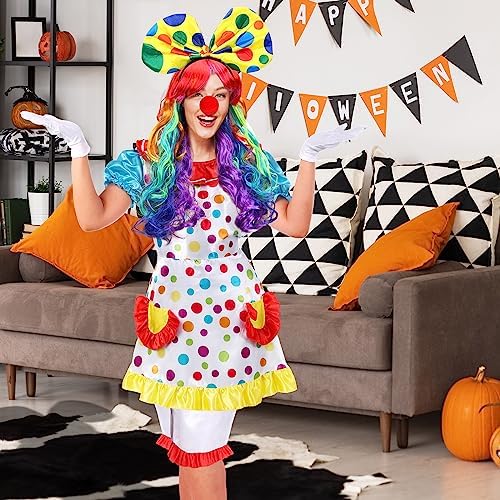 6 Pcs Clown Costume Set Women Circus Clown Dress Rainbow Clown Wig Headband Nose Shorts Gloves for Halloween cosplay