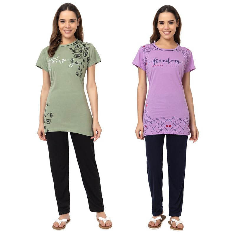 us trendz Women Pack of 2 Cotton Printed Long Top with Side Sleet Night Suit Set/Sleep wear Set/Loungewear Set/Top & Pyjama Set-picture-14