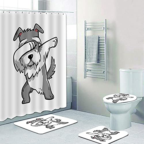 ZDDWLDL 4Pcs Duschvorhänge Set Mit Rutschfesten Teppichen,Toilettendeckel und Badematte Weißer Grauer Cartoon-Tierhund…