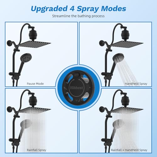 Image of Hibbent 10 inch Dual Filtered 10 inch Rainfall Shower Head with Handheld 10-Spray | High Pressure Metal Matte Black Showerhead Combo with Filter, Extension Arm with 4-way Diverter, 71'' Shower Hose & Holder