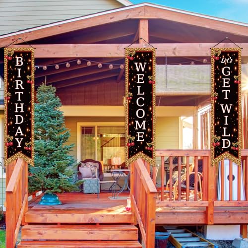 Image of Chiisong 3 Pcs Cheetah Print Birthday Party Decorations Cherry Leopard Print Banners Red and Black Cherry Wild Porch Signs Welcome Flags Photo Props Backdrop for Girls Women Night Outdoor Yard